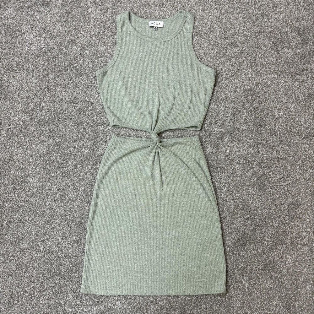 ACOA Dress Womens Medium Green Ribbed Cutout Bodycon Tank Mini Knit Summer Flirt